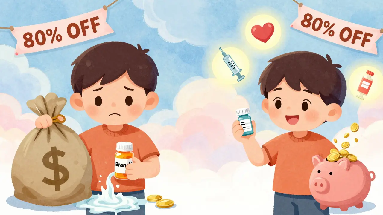 A person compares a costly brand-name pill to a cheap generic, with savings coins filling a jar.