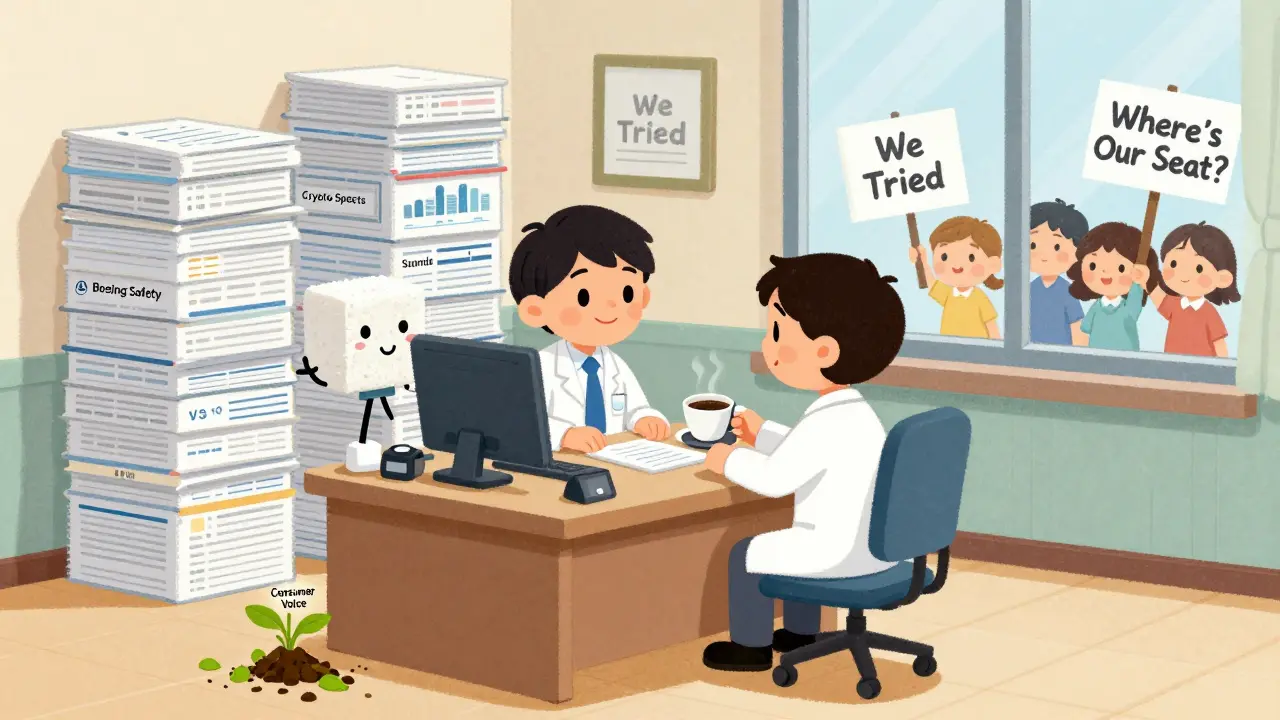 A regulator smiles at industry reports while a tiny 'Consumer Voice' plant wilts beside them.