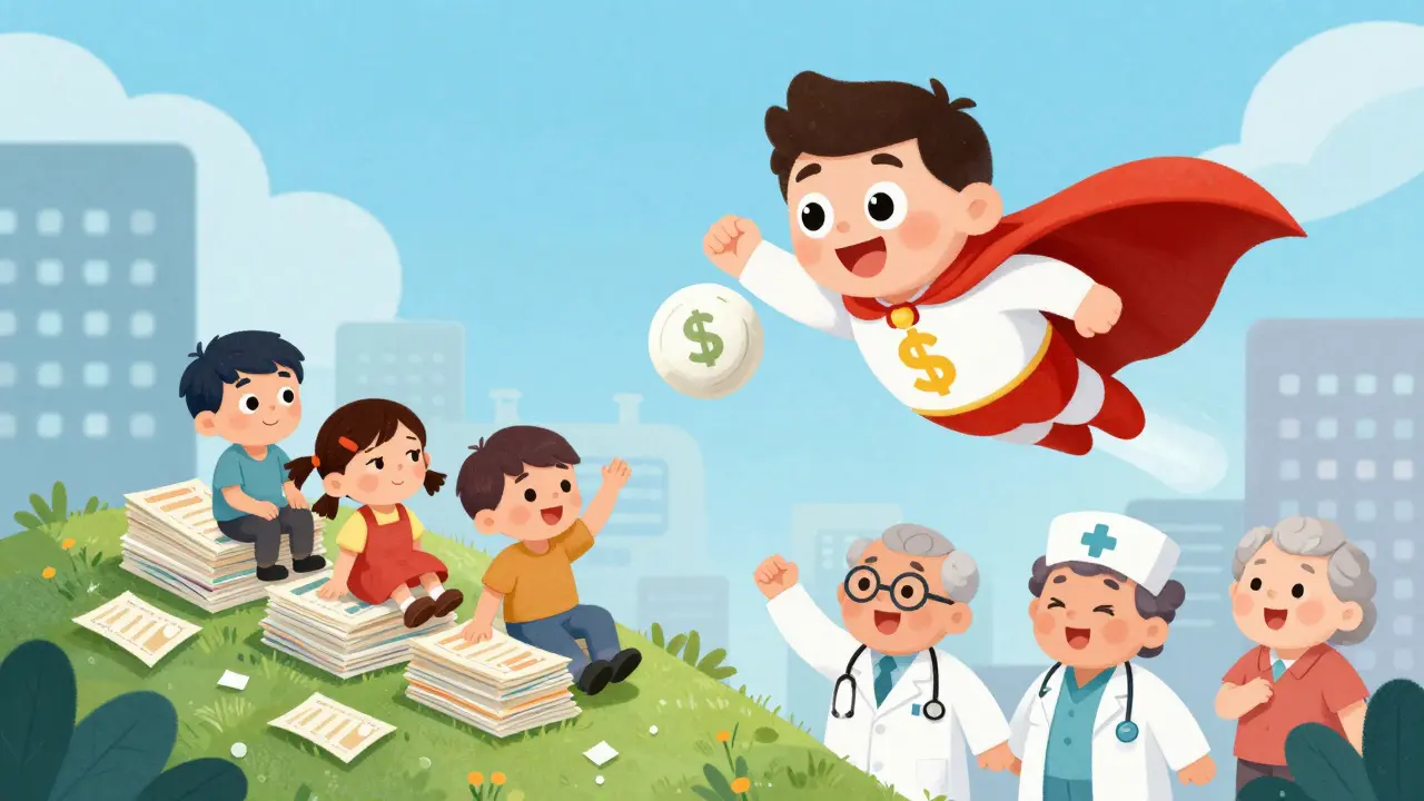 A superhero generic pill with a dollar-sign cape saving a family from piles of medical bills.