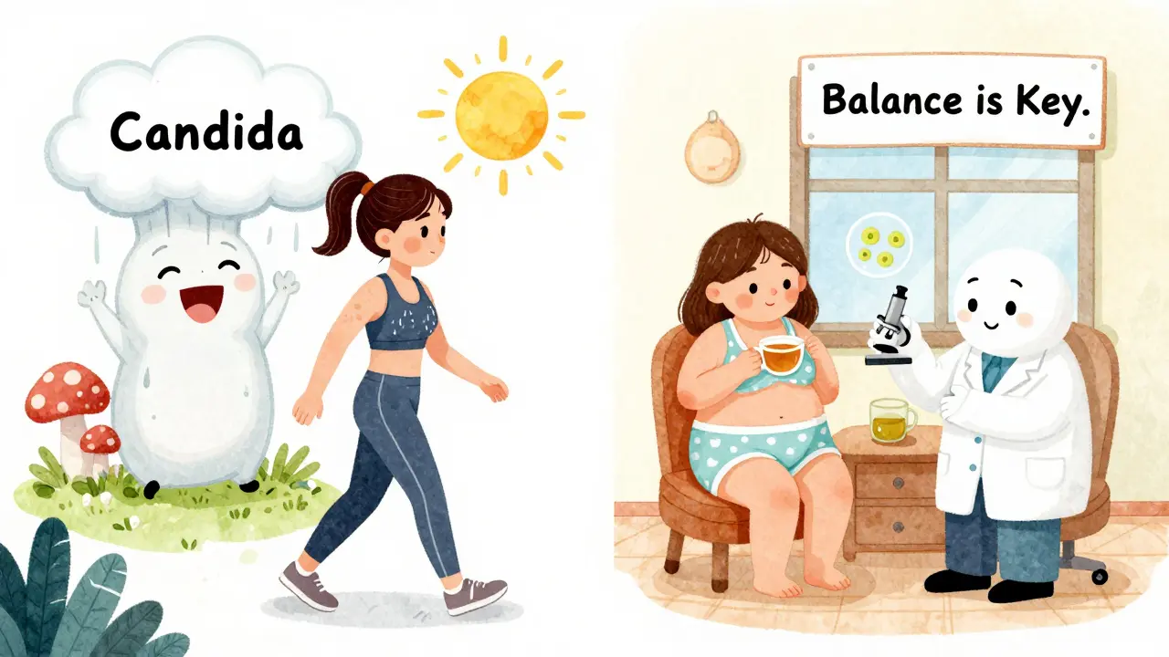 A woman in sweaty clothes contrasts with one in comfy underwear, learning how to prevent yeast infections.