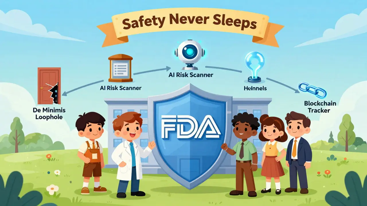 Diverse importers stand before a shield-shaped FDA building, with icons showing the evolution of drug safety systems.