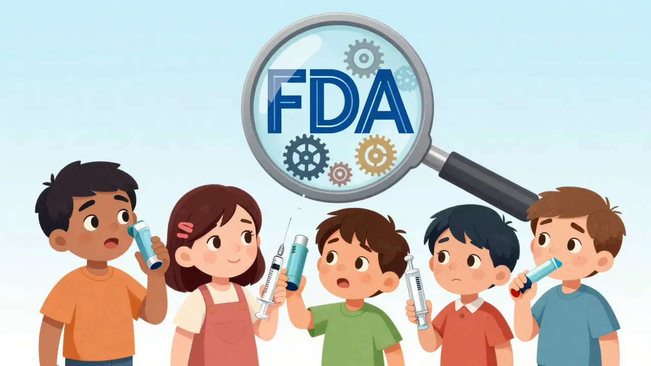 Diverse patients holding combination products while an FDA magnifying glass reveals hidden gears inside each device.