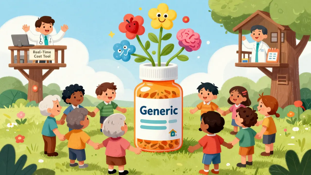 Diverse people hold hands around a generic pill bottle that grows flowers representing better health.