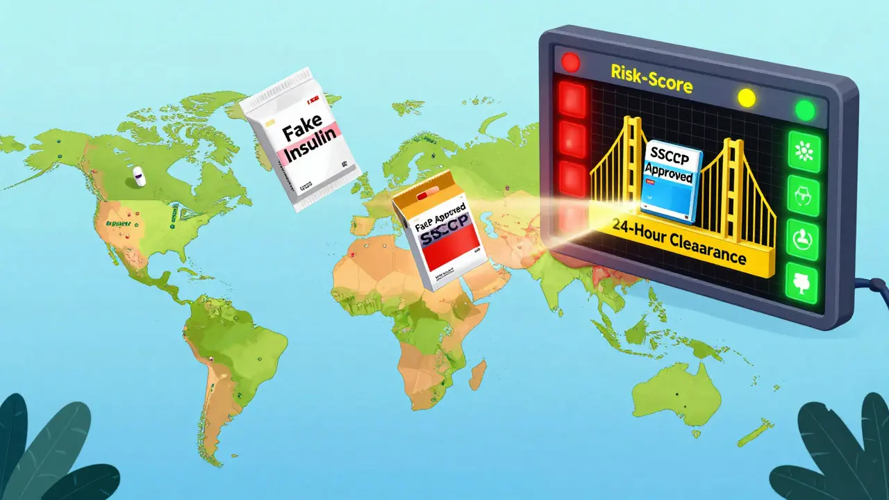 Drug shipments from around the world approach the U.S. border, with a digital risk-screen system lighting up red and green flags.