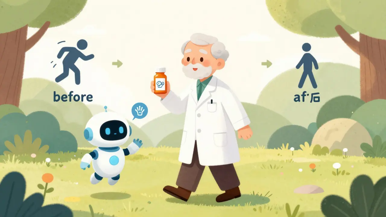 Elderly person walking safely in garden with pharmacist and AI robot helper, sunlit scene