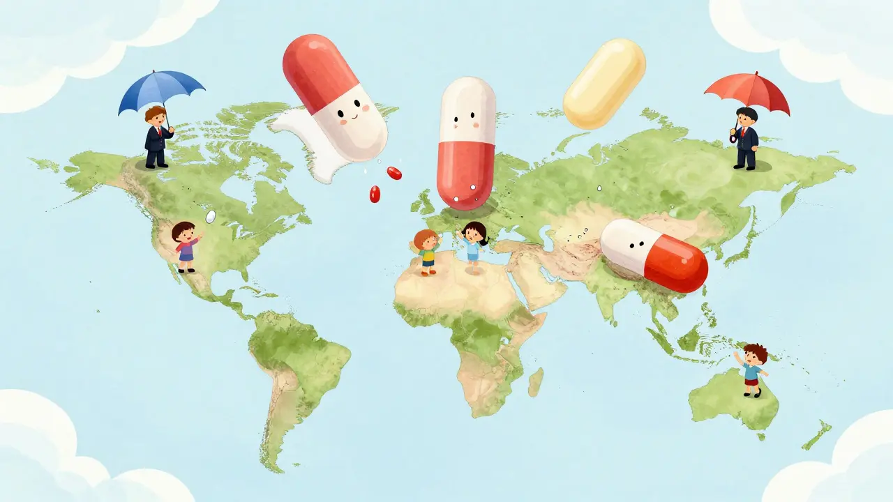 Generic pills raining from India and China onto countries worldwide, while branded pills try to block them.