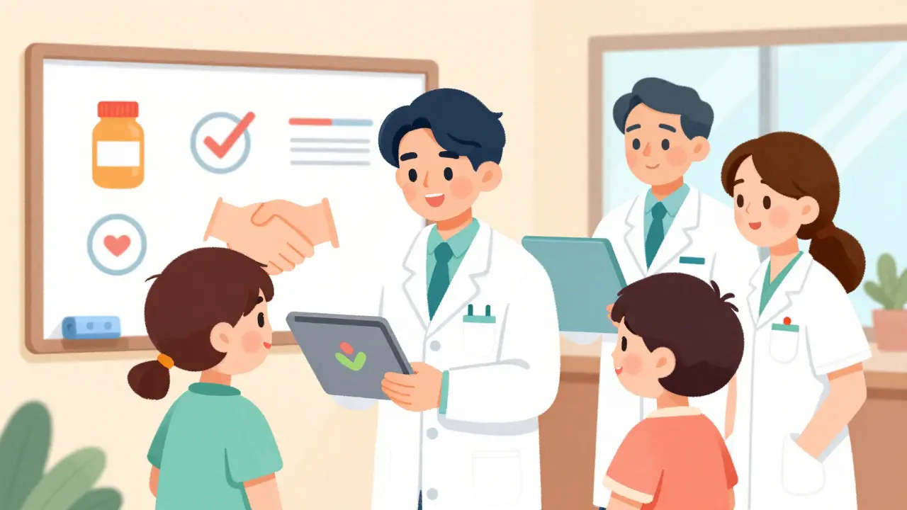 Hospital team collaborating: technician inputs data on tablet, pharmacist reviews health symbols on screen