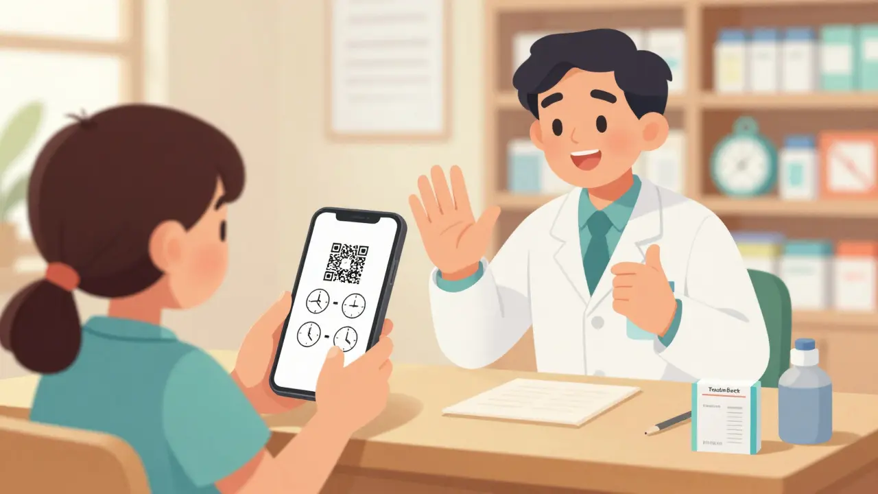 Patient scanning QR code for dosing pictogram with pharmacist assistance.