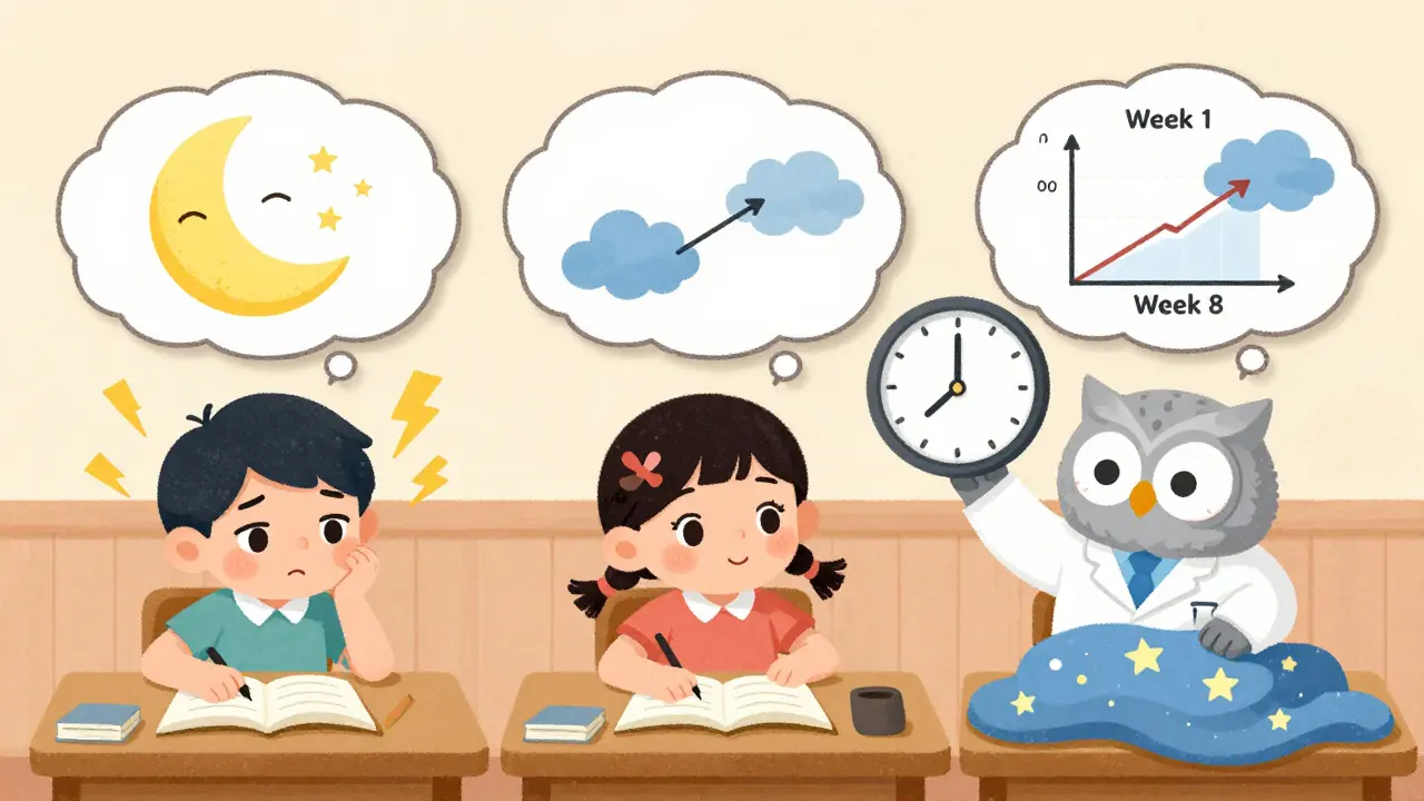 Three children show different reactions to fluoxetine over time, with a wise owl explaining how symptoms can improve by week 8.