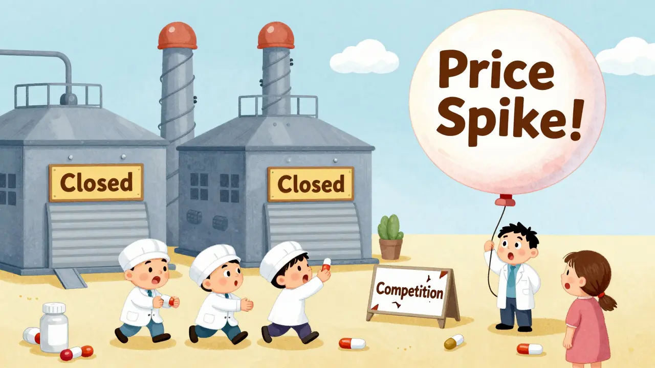 Three tiny drug factories, two closed, one inflating a giant price spike balloon while a pharmacist and patient watch in shock.