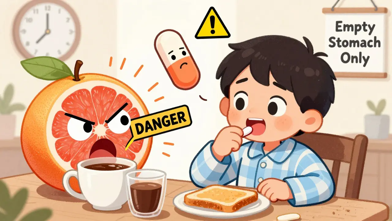 A boy takes medicine with coffee and toast as a warning grapefruit blocks the drink.