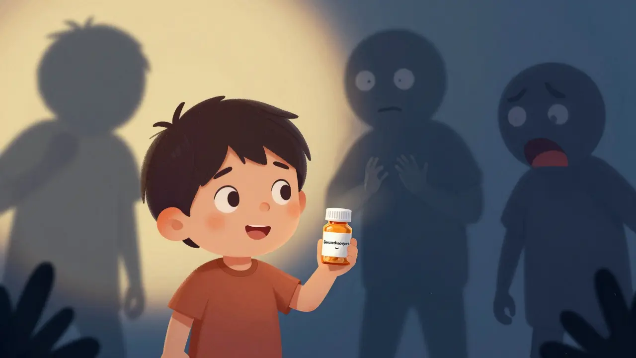 A child holding a pill bottle as shadowy troubles approach in the background.