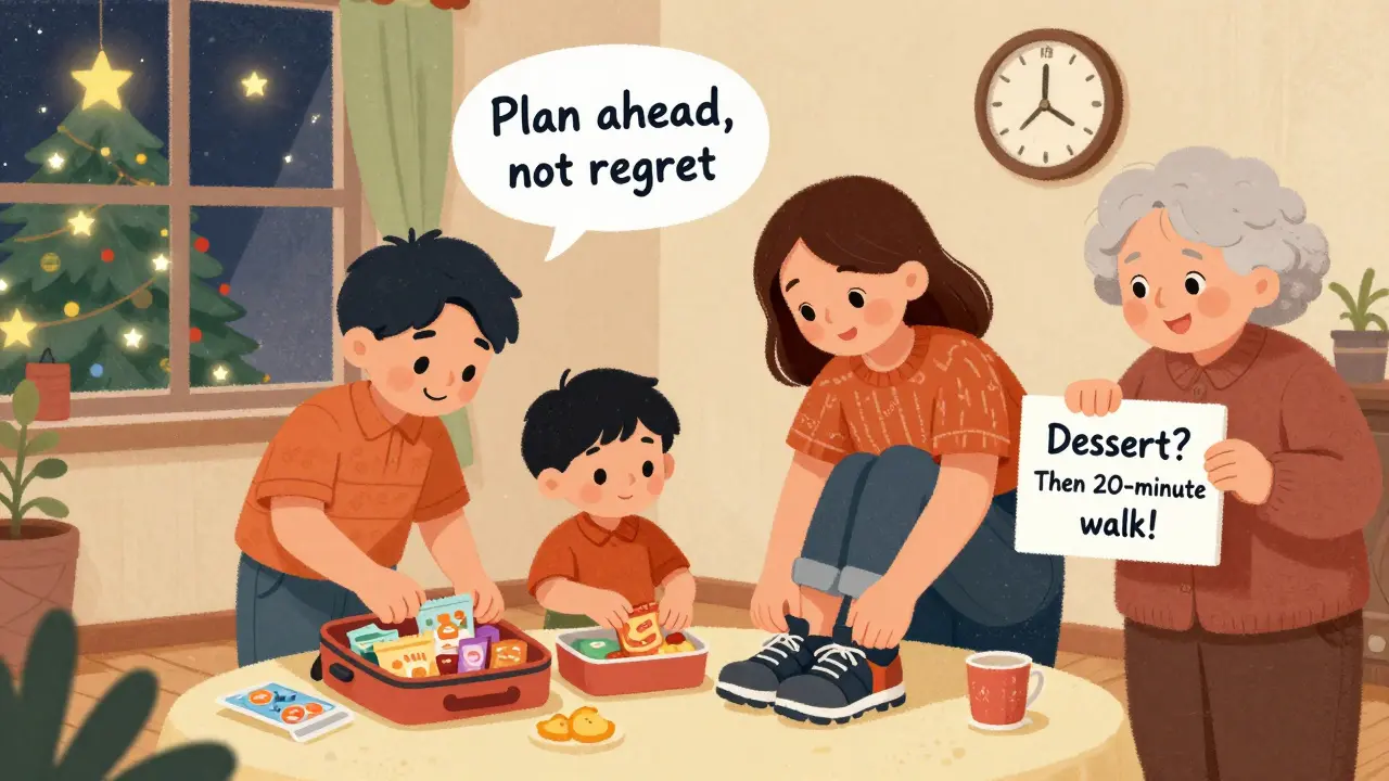 A family preparing for a holiday party with pre-portioned snacks and walking shoes, smiling as they plan ahead.