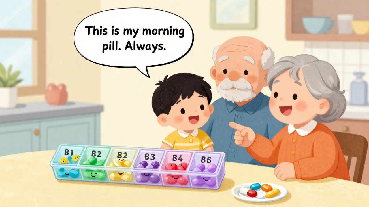A grandparent and child use a colorful pill organizer together at a kitchen table.
