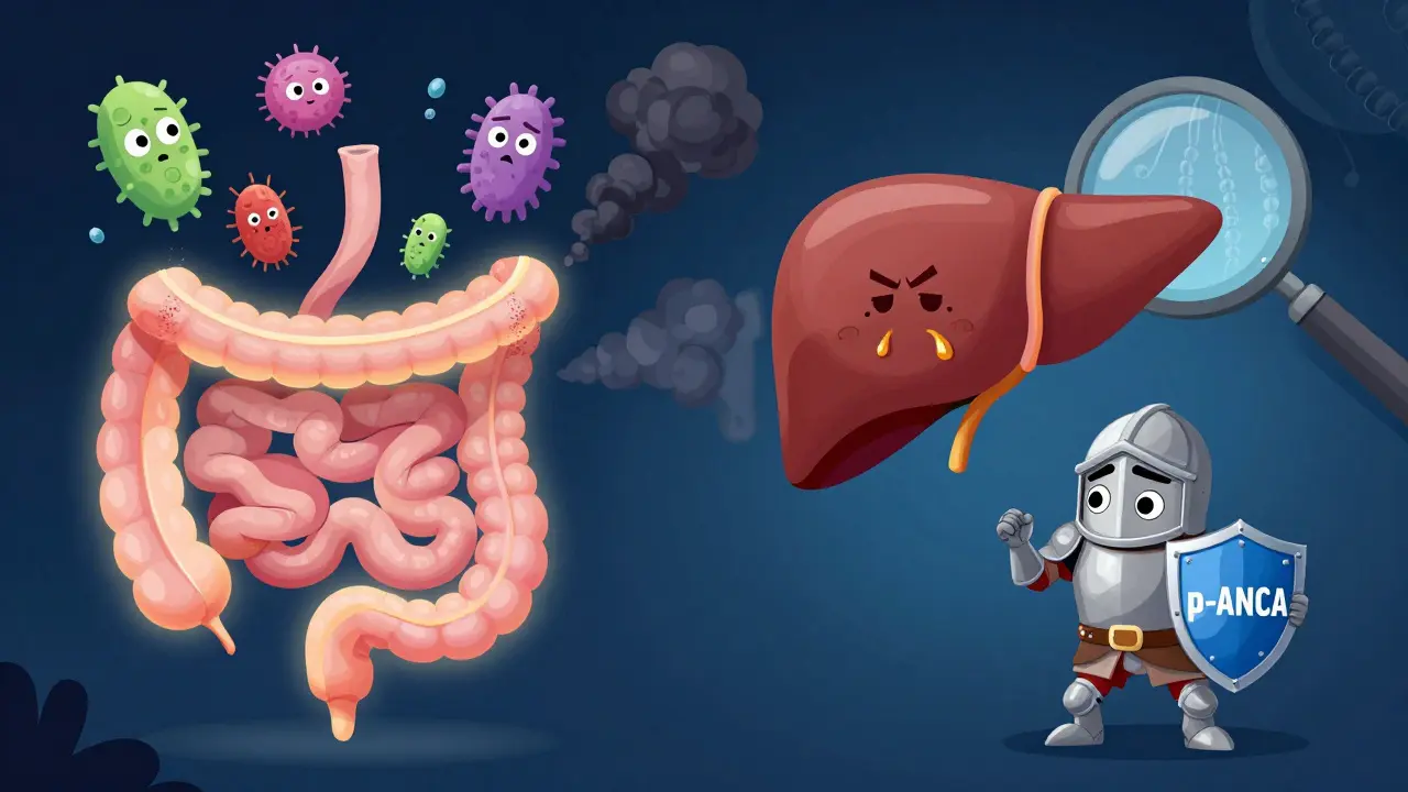 A gut and liver connected by smoke, with bacteria sending harmful signals to inflamed bile ducts.