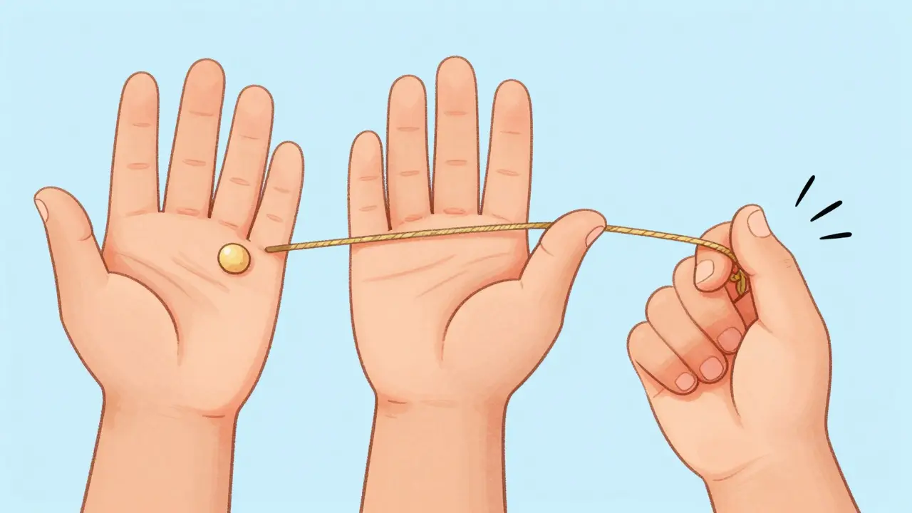 A hand showing three stages of Dupuytren’s contracture with gentle visual cues like rope-like cords pulling fingers down.