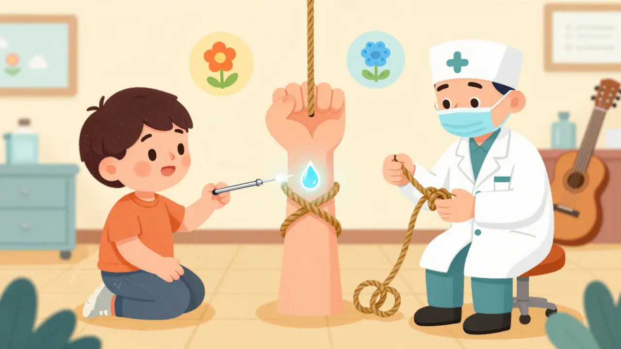 A hand specialist demonstrating three treatment methods for Dupuytren’s contracture using friendly, magical visual metaphors.