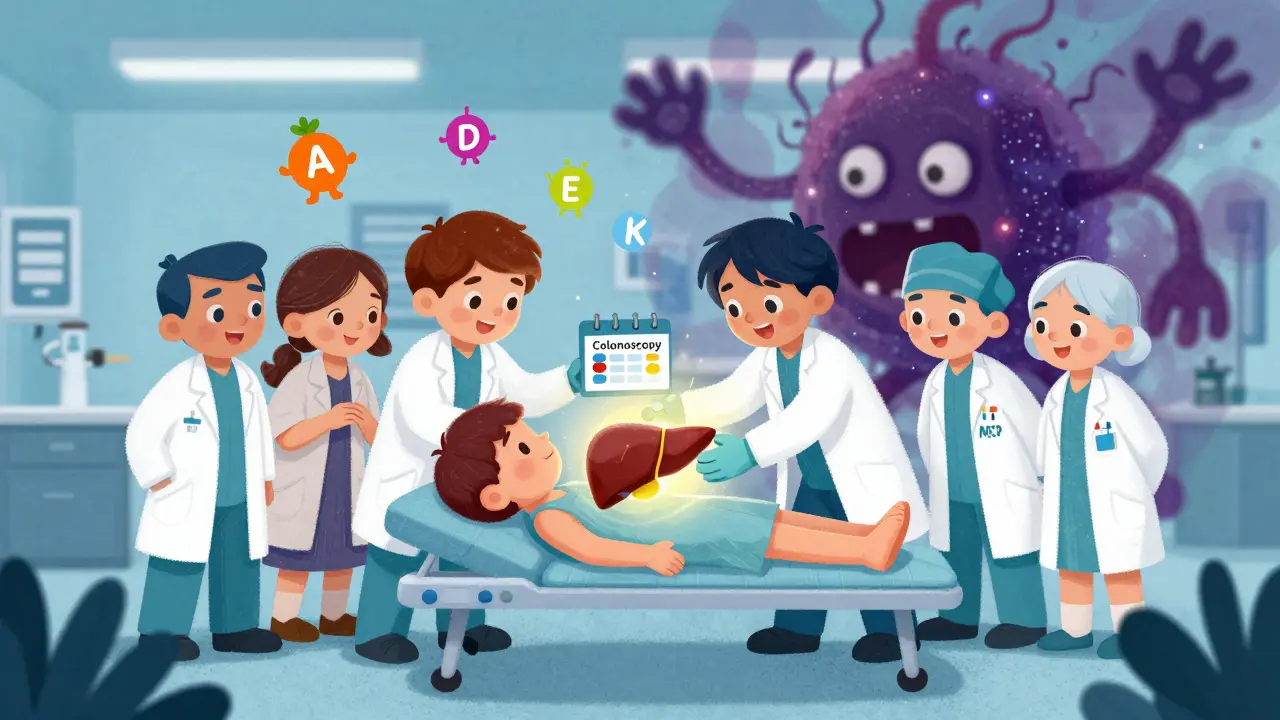 A heroic transplant team placing a glowing new liver as a cancer monster fades away.