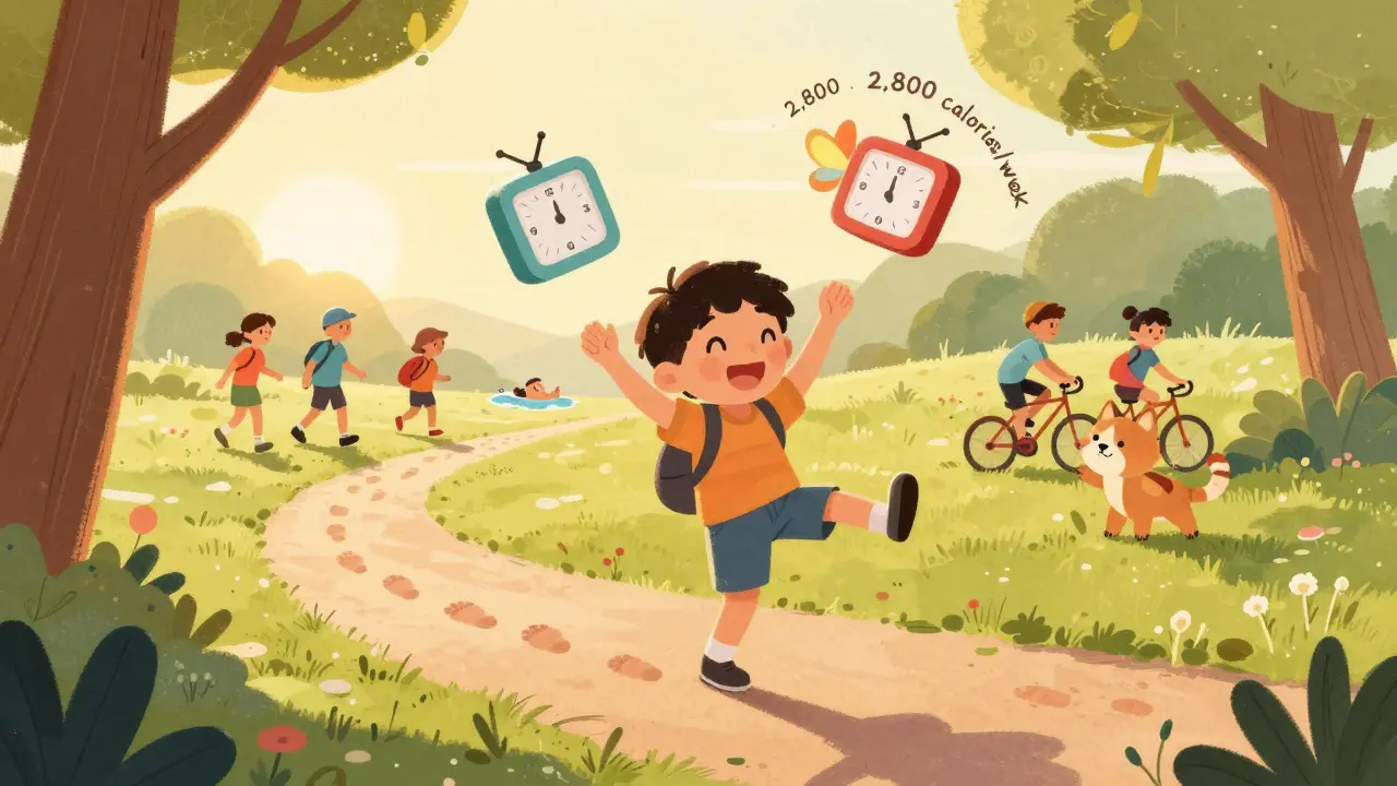 A person dancing happily in a park at sunrise, with calorie counters shaped like butterflies floating around them.