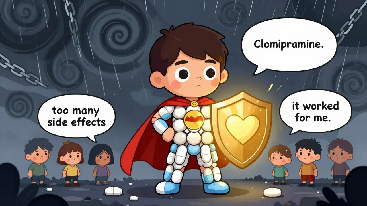 A superhero child uses a clomipramine shield to fight dark obsessions, with others whispering doubts and hope.