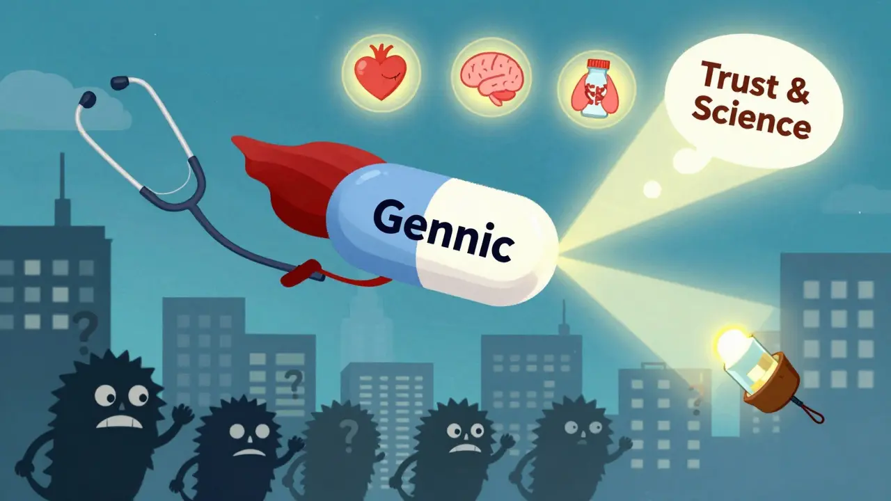 A superhero generic pill defeats fear-based monsters with light from science and trust.