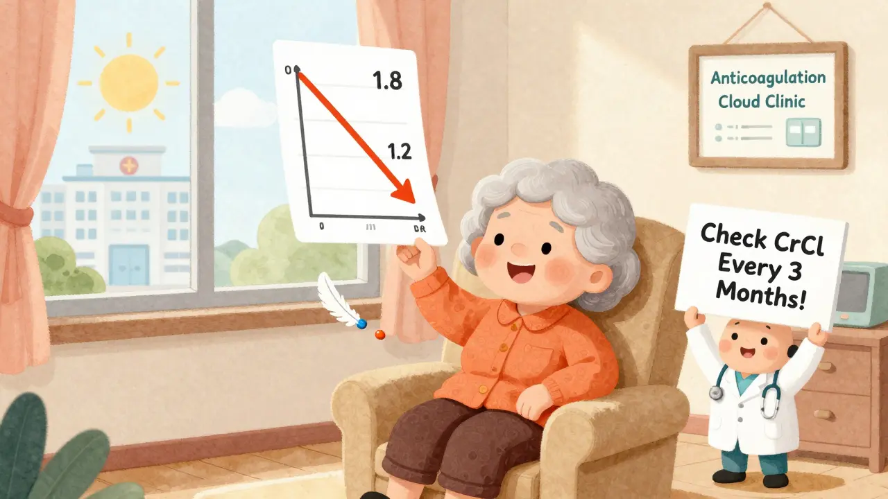 An elderly woman smiles as a chart shows her creatinine improving, watched by a pharmacist.