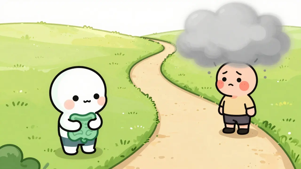 Cartoon path showing health symptoms like nausea and fever along journey