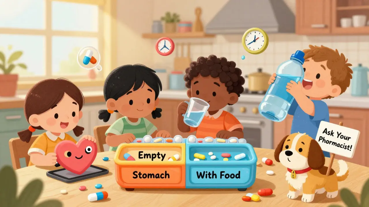 Children use a color-coded pill organizer with alarms and water to take medicine correctly.