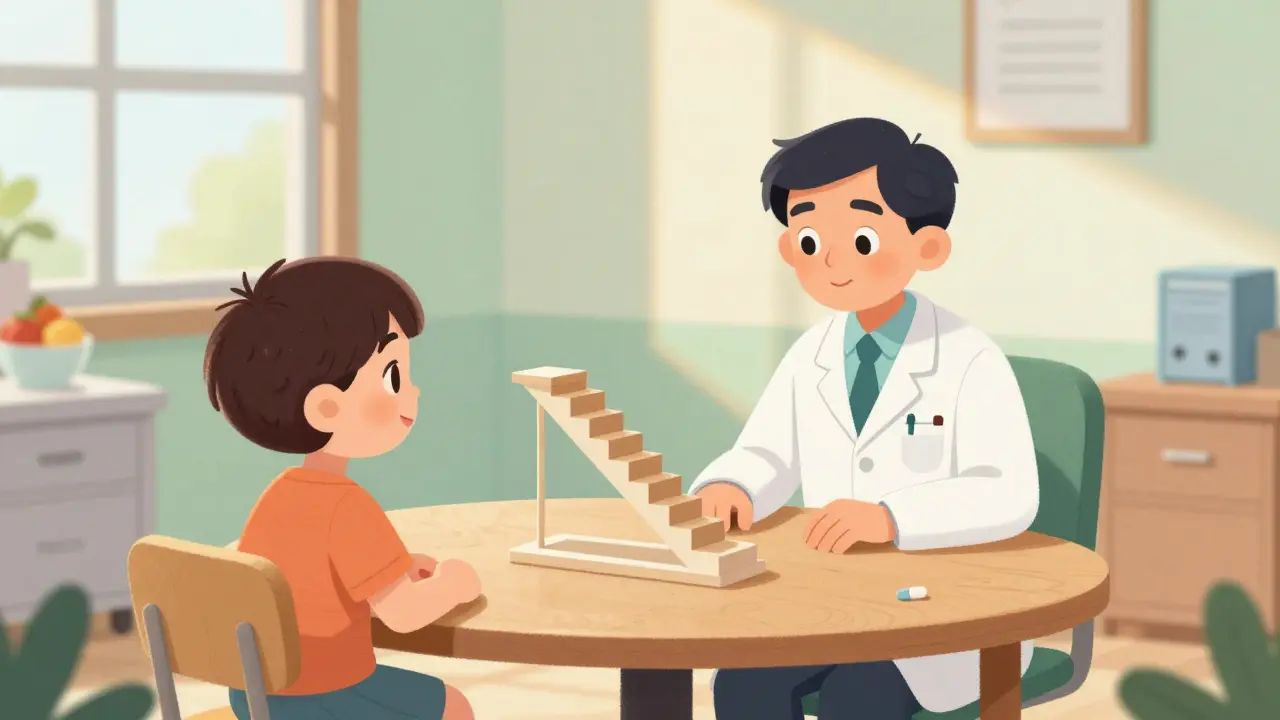 Doctor and patient discussing care plan with a small staircase model