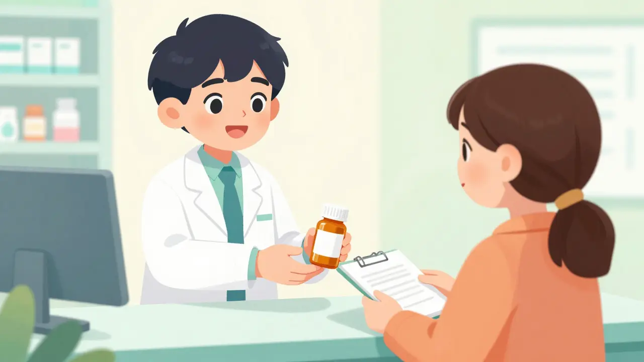 Friendly pharmacist handing medication to a patient in a bright pharmacy.