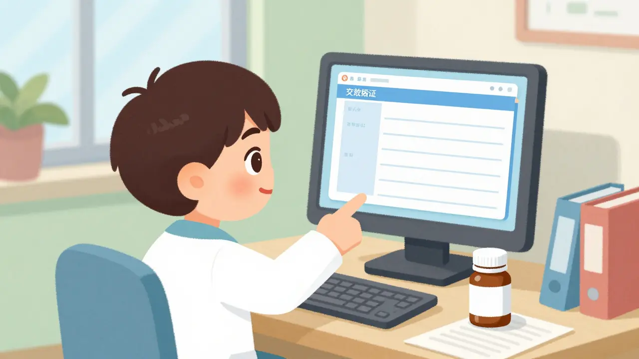 Healthcare worker verifying medication at pharmacy computer desk