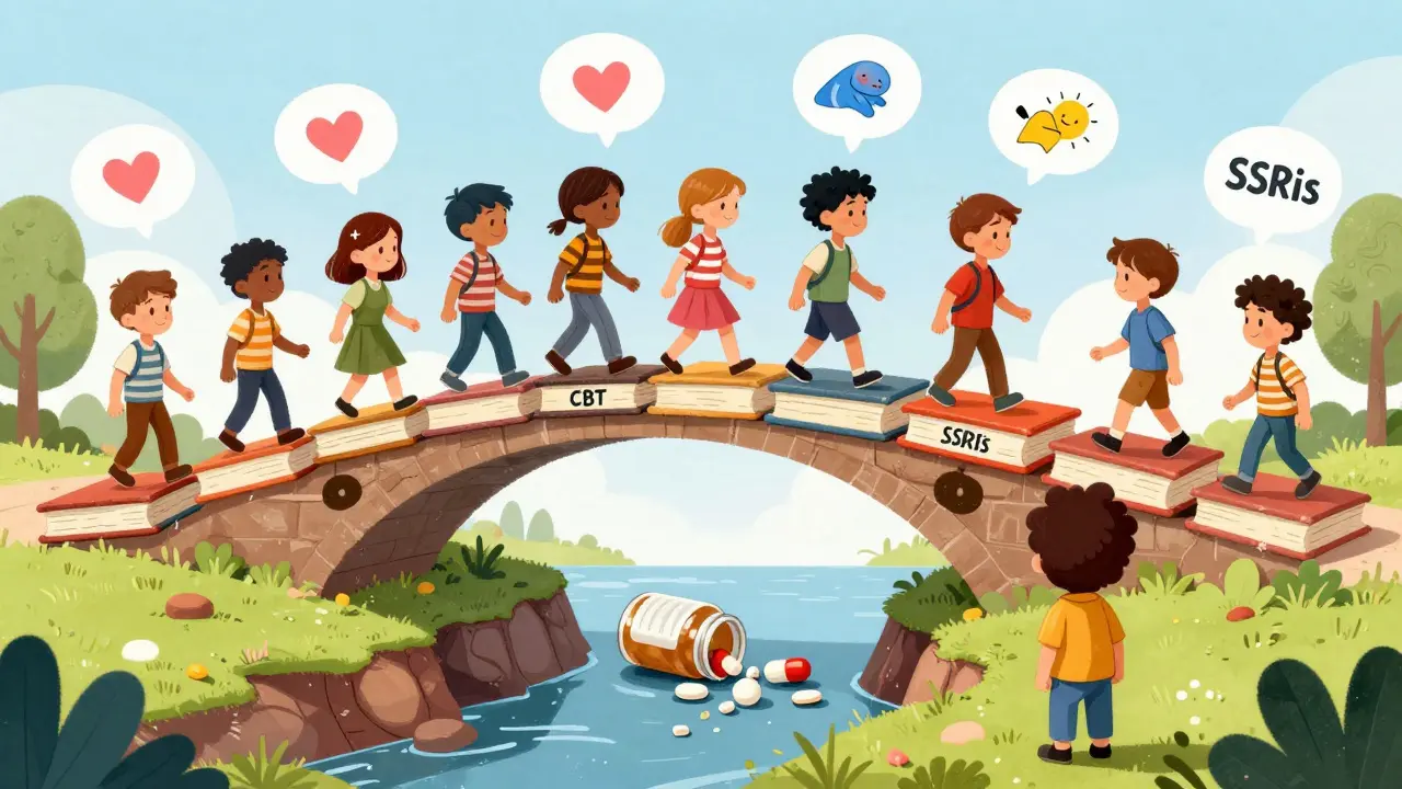 People crossing a bridge of therapy books away from a broken pill bottle.