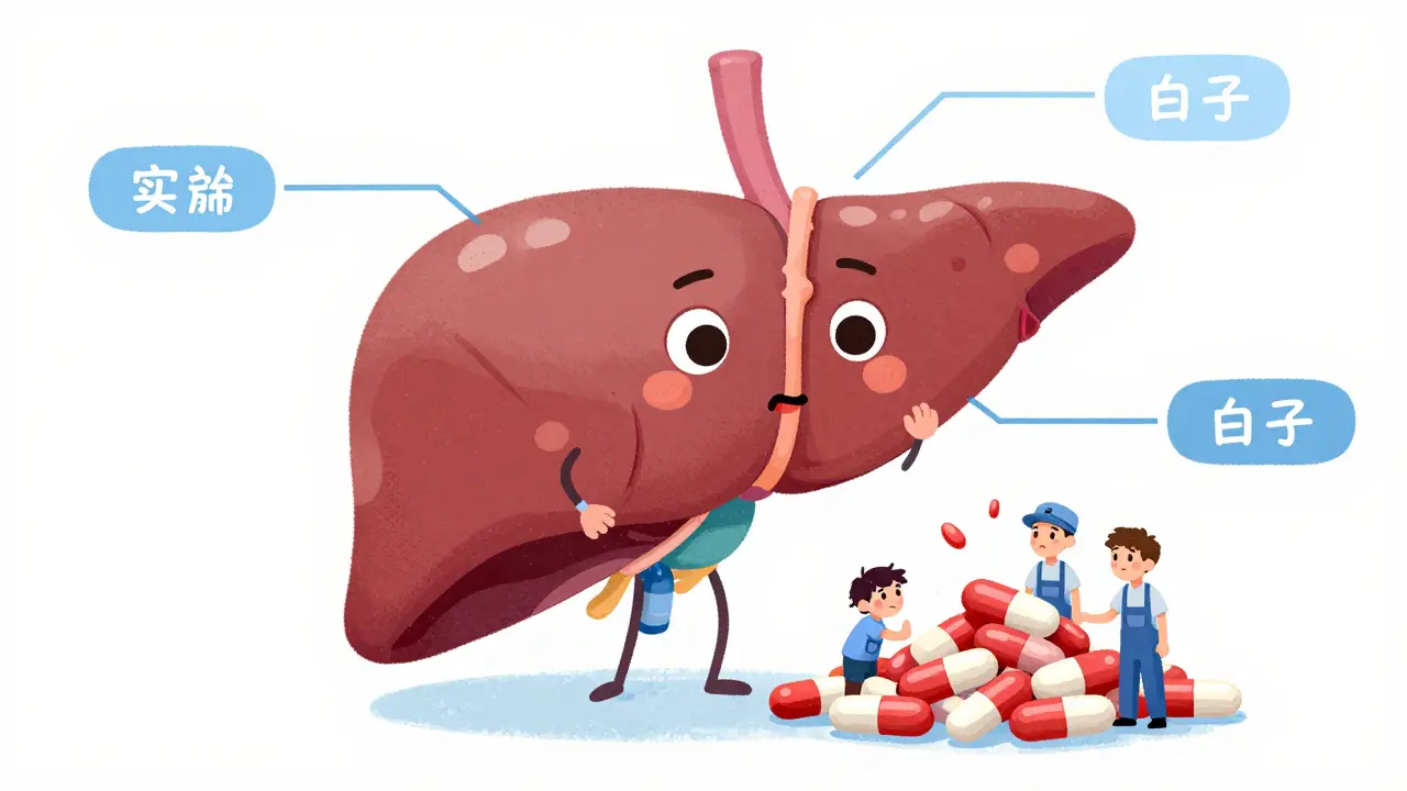 Stylized liver illustration showing workers overwhelmed by too many pills.