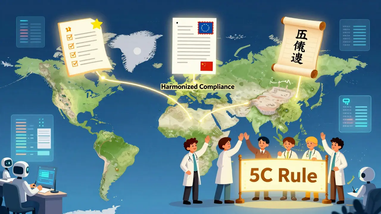 Three regions' documentation styles connect on a map as workers celebrate compliance.