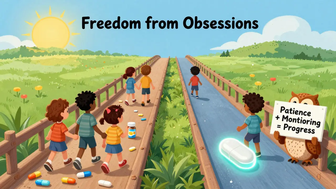 Two pill pathways lead to a sunny meadow of freedom, with children walking each route, one holding a patch.