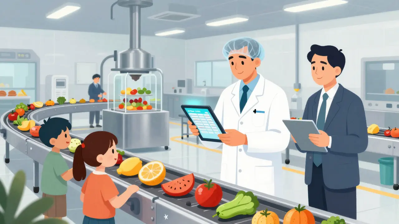 A bilingual manager showing digital safety records to an inspector inside a clean food factory