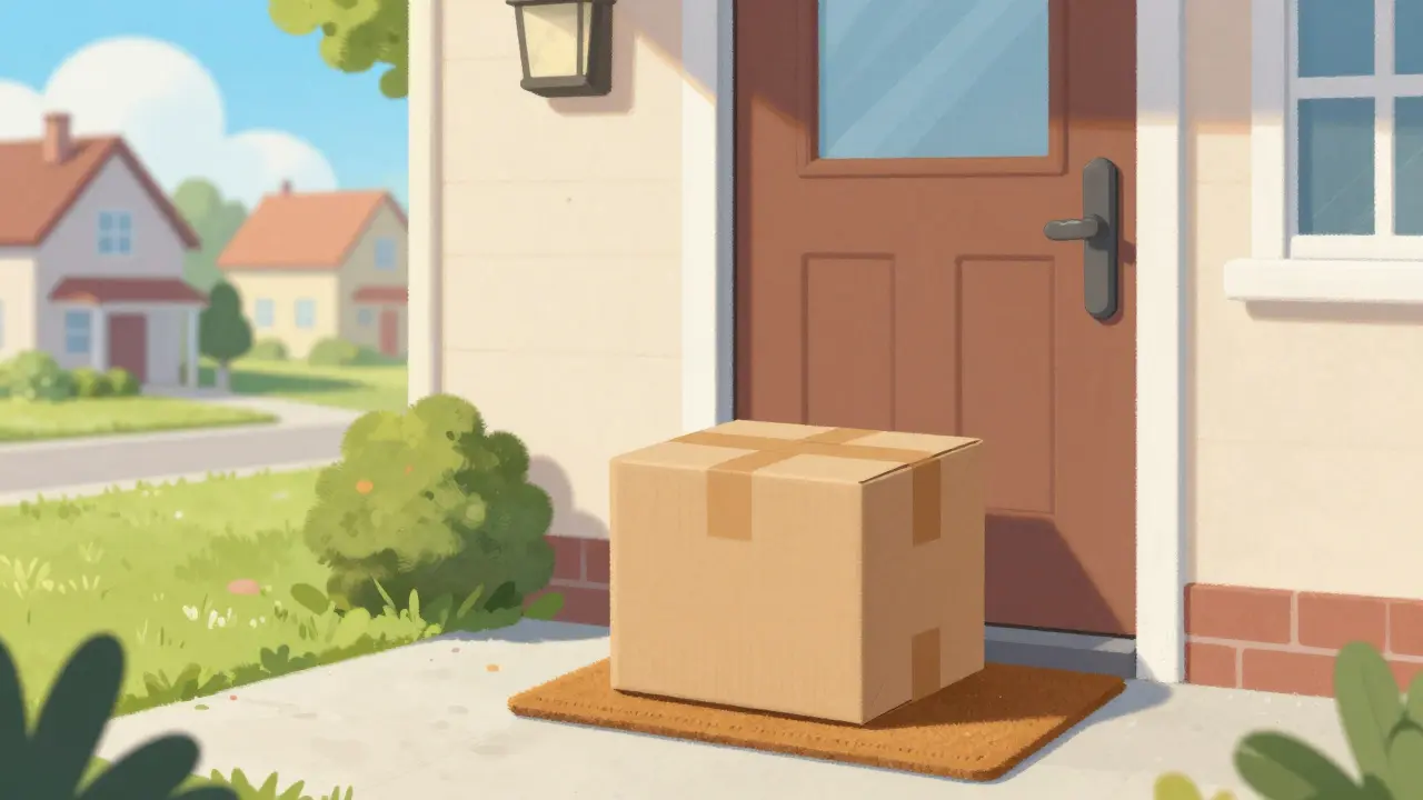 A discreet brown package delivered to the front door of a whimsical house.