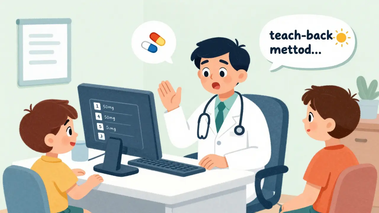 A doctor and patient in an office discussing a medication dose near a computer screen.