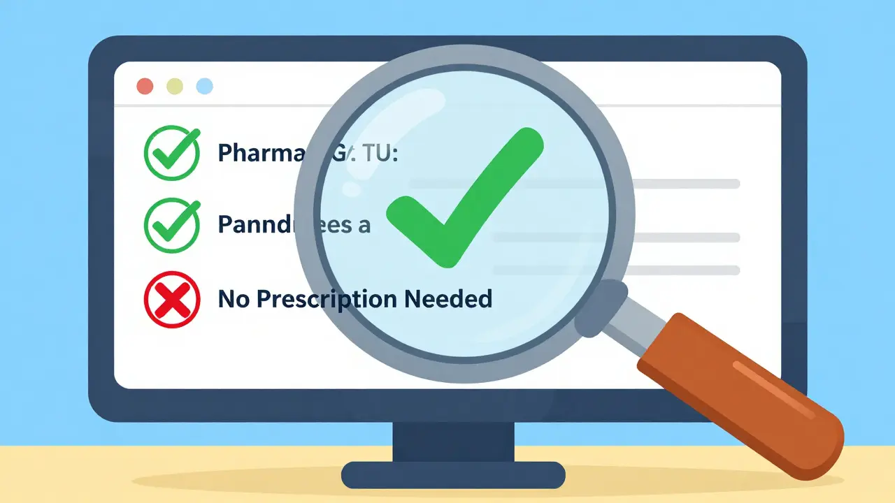 A magnifying glass checking for safety marks and licenses on a computer screen.