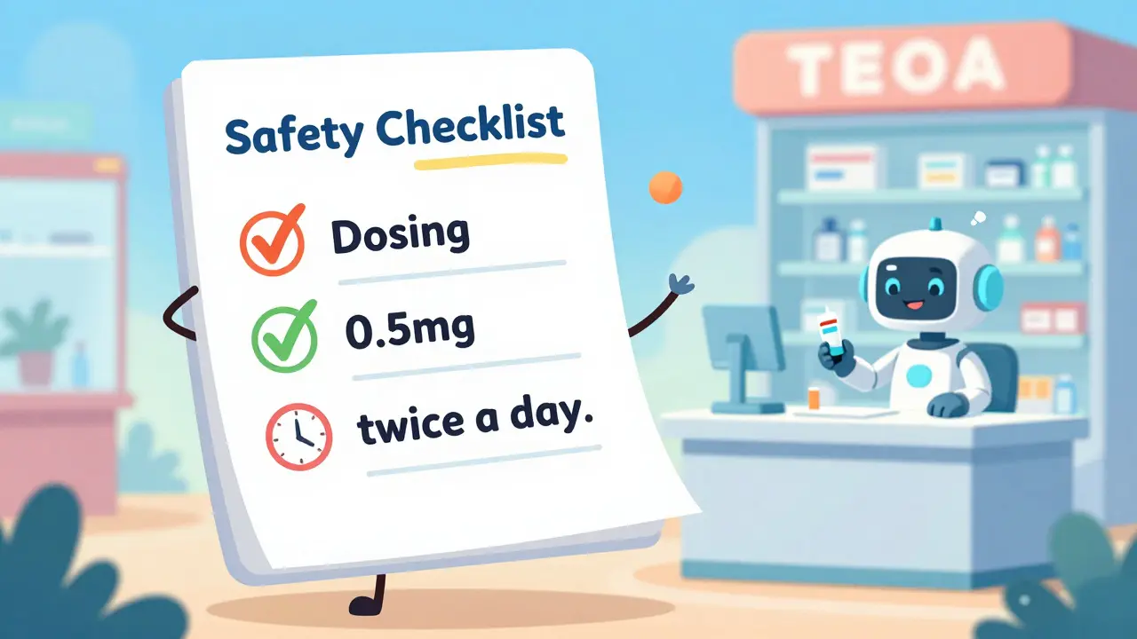 A whimsical checklist with icons for medication safety and a friendly robot assistant.