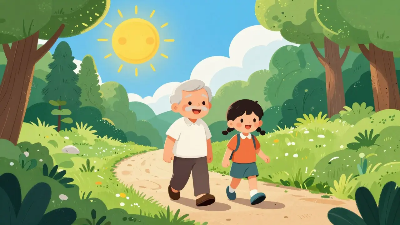 An elderly person and a child walking happily through a lush, green forest.