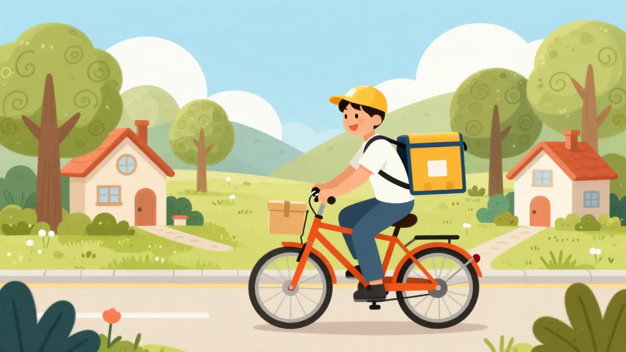 Cheerful delivery person bringing medication to a home in a bright, colorful neighborhood.