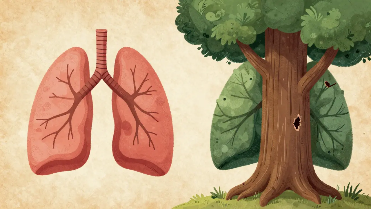 Comparison illustration showing lungs as a bouncy spring versus a weathered tree.