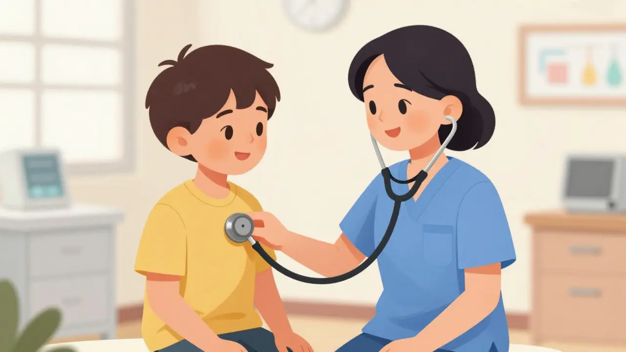 Doctor listening to patient heart with stethoscope warmly.
