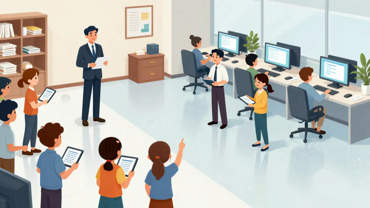 Factory staff practicing a mock inspection drill with digital tablets in a clean facility