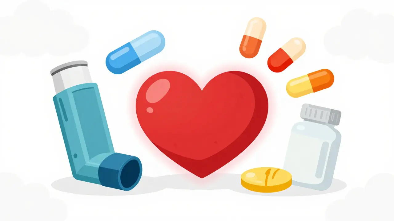 Illustrated inhaler and pills next to a glowing heart shape.