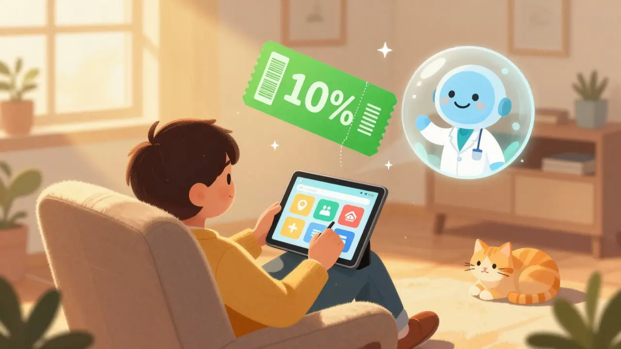 Person using a telehealth app and discount coupon while relaxing in a cozy living room.